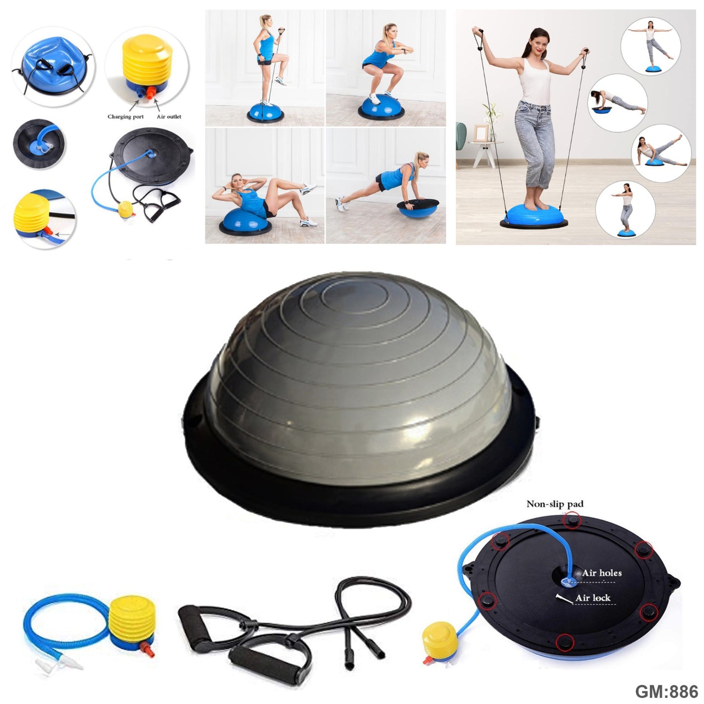 Balance Ball Trainer - Non Slip Half Yoga Exercise Ball with Resistance Bands & Pump "886"