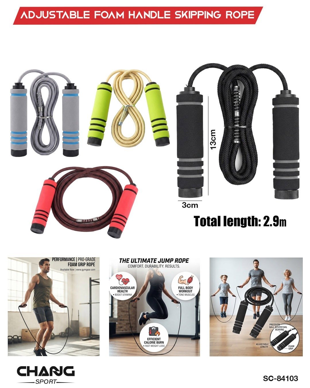 Adjustable Foam Handle Skipping Rope 2.9M – Soft Grip Fitness Jump Rope for Adults & Kids "SC-84103"