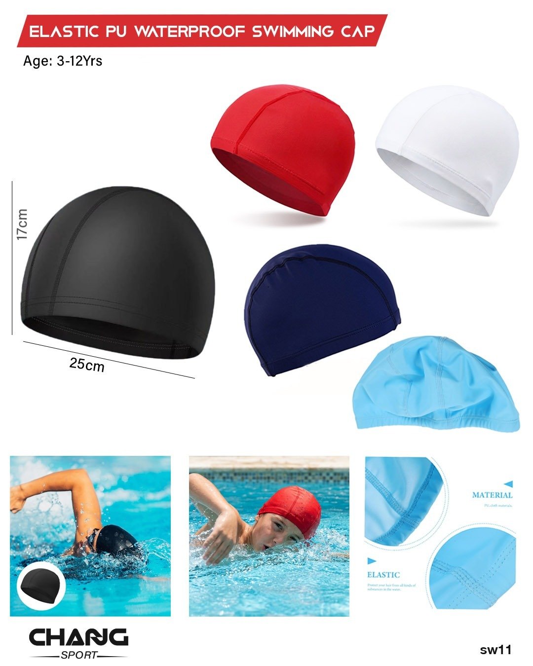 Kids Elastic PU Waterproof Swimming Cap "SW11"