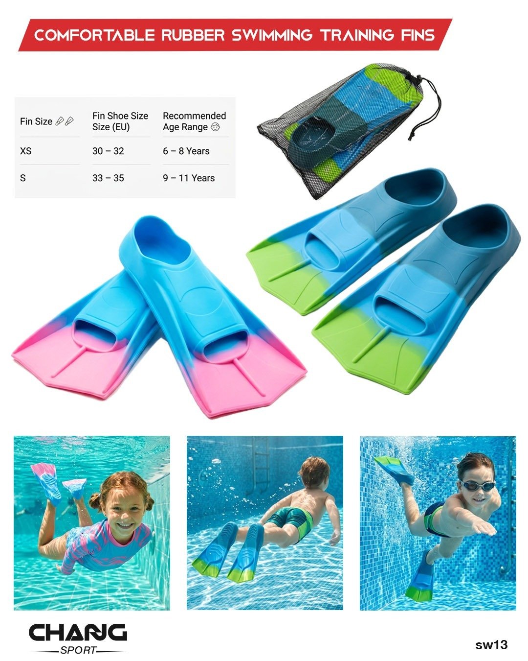 Kids Rubber Swimming Training Fins – Short Blade Swim Flippers "SW13"