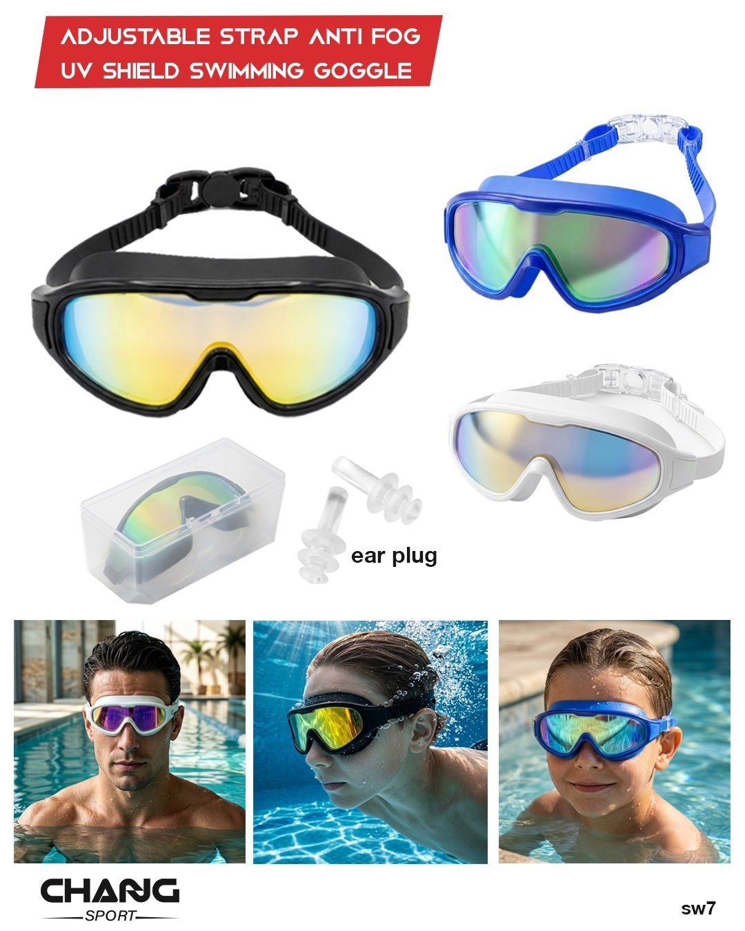 Wide-View Anti-Fog UV Shield Swimming Goggles with Earplugs "SW7"