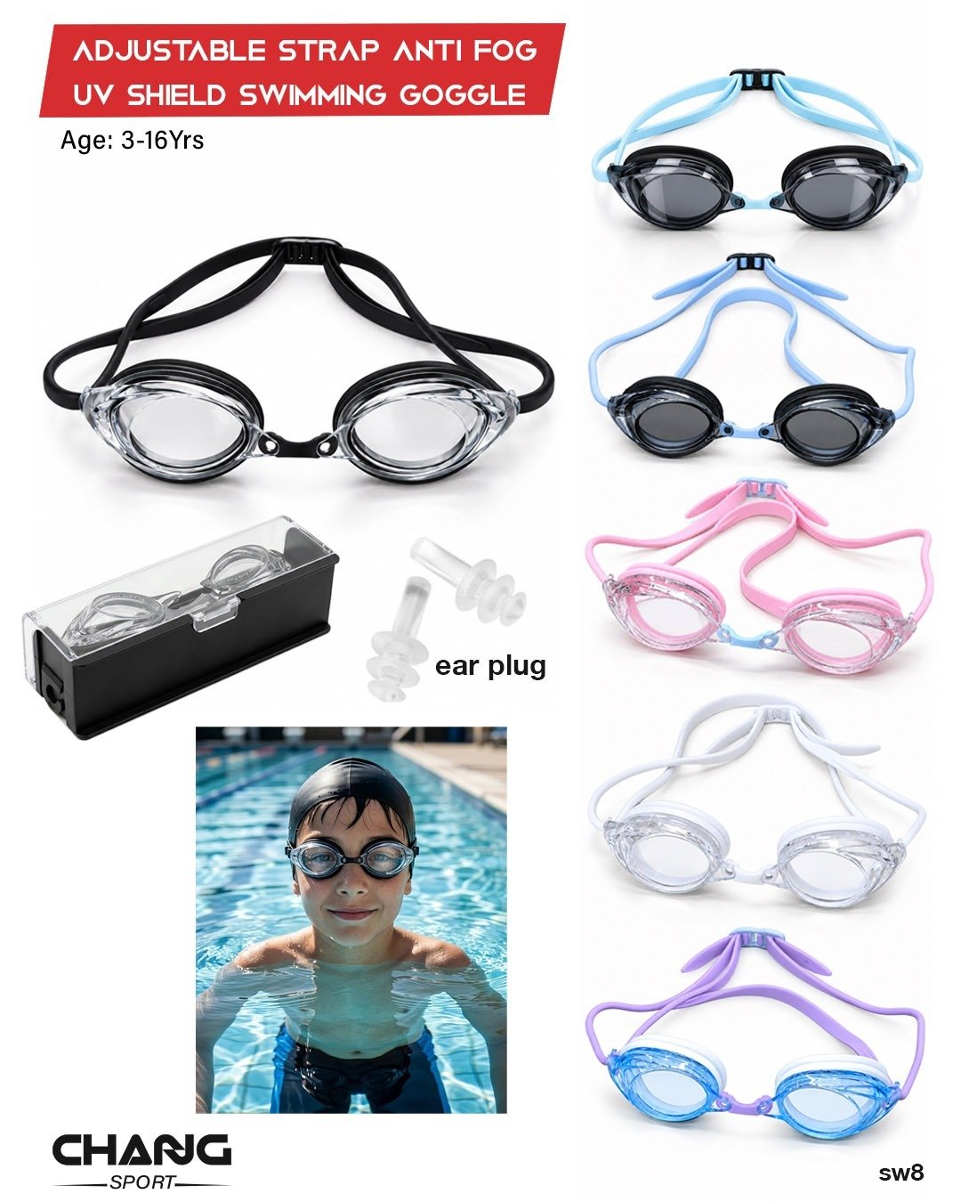 Kids & Teens Anti-Fog UV Shield Swimming Goggles with Earplugs "SW8"