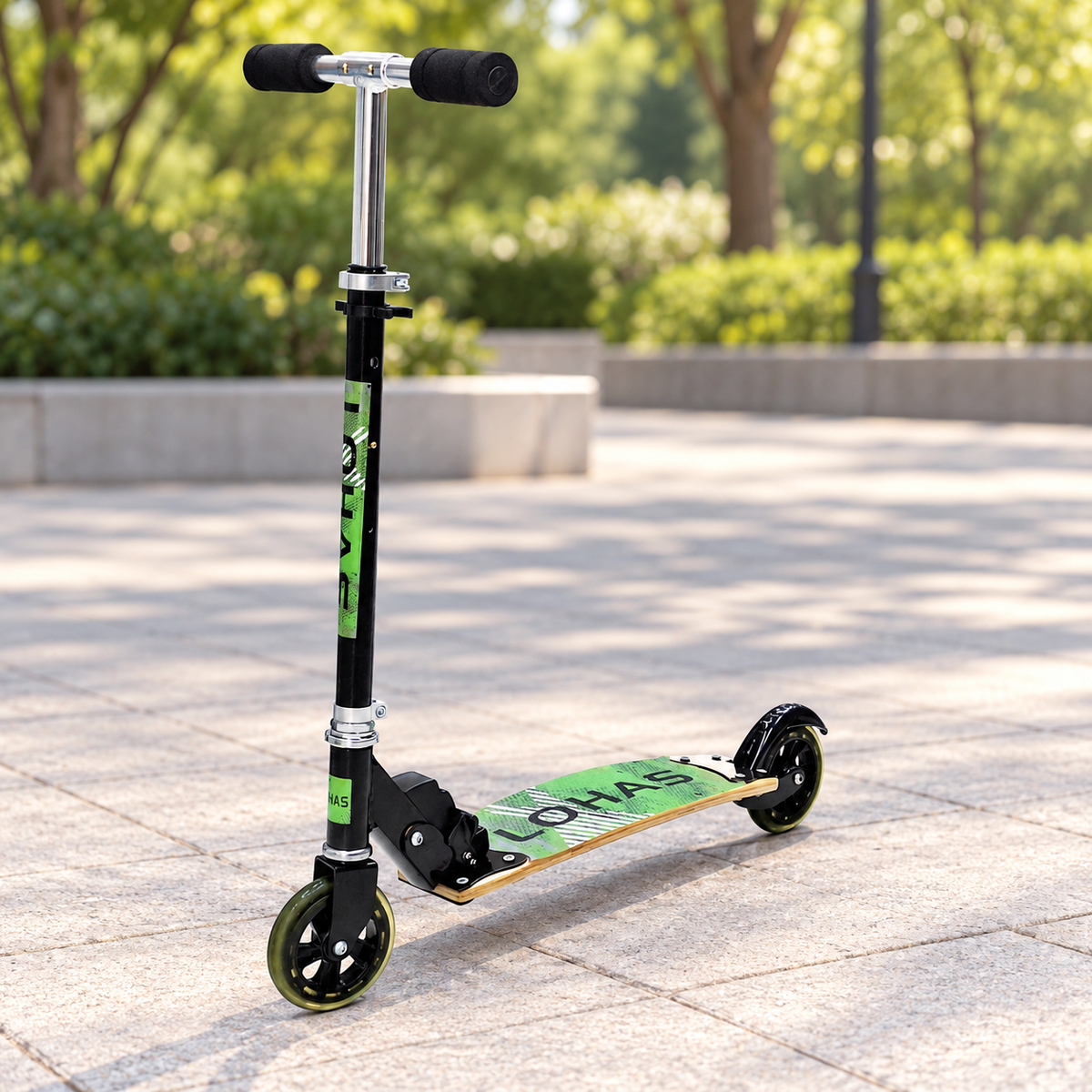 Kick Scooter 308 — 308 green kick scooter; product shown in a realistic setting