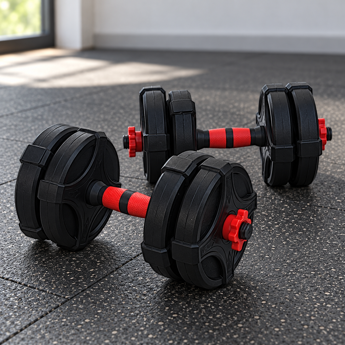 Barbell Weightlifting Set with Adjustable Connecting Rod 10KG 878 — 878 black red 10kg dumbbells home gym; product shown in a realistic setting