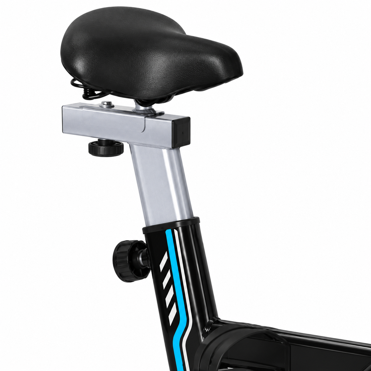 Chang Sport sc-85051 blue — close-up of original black saddle, silver seatpost, visible height-adjustment clamp/knob and upper rear frame section, same perspective