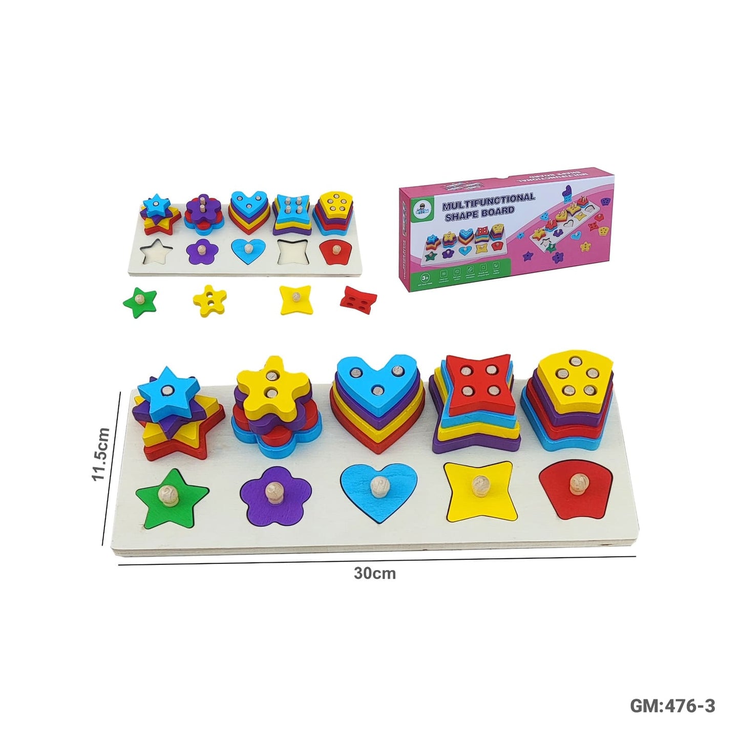 Wooden Geometric Puzzles Stacking Game, Colors and Shape Sorting "476-3"