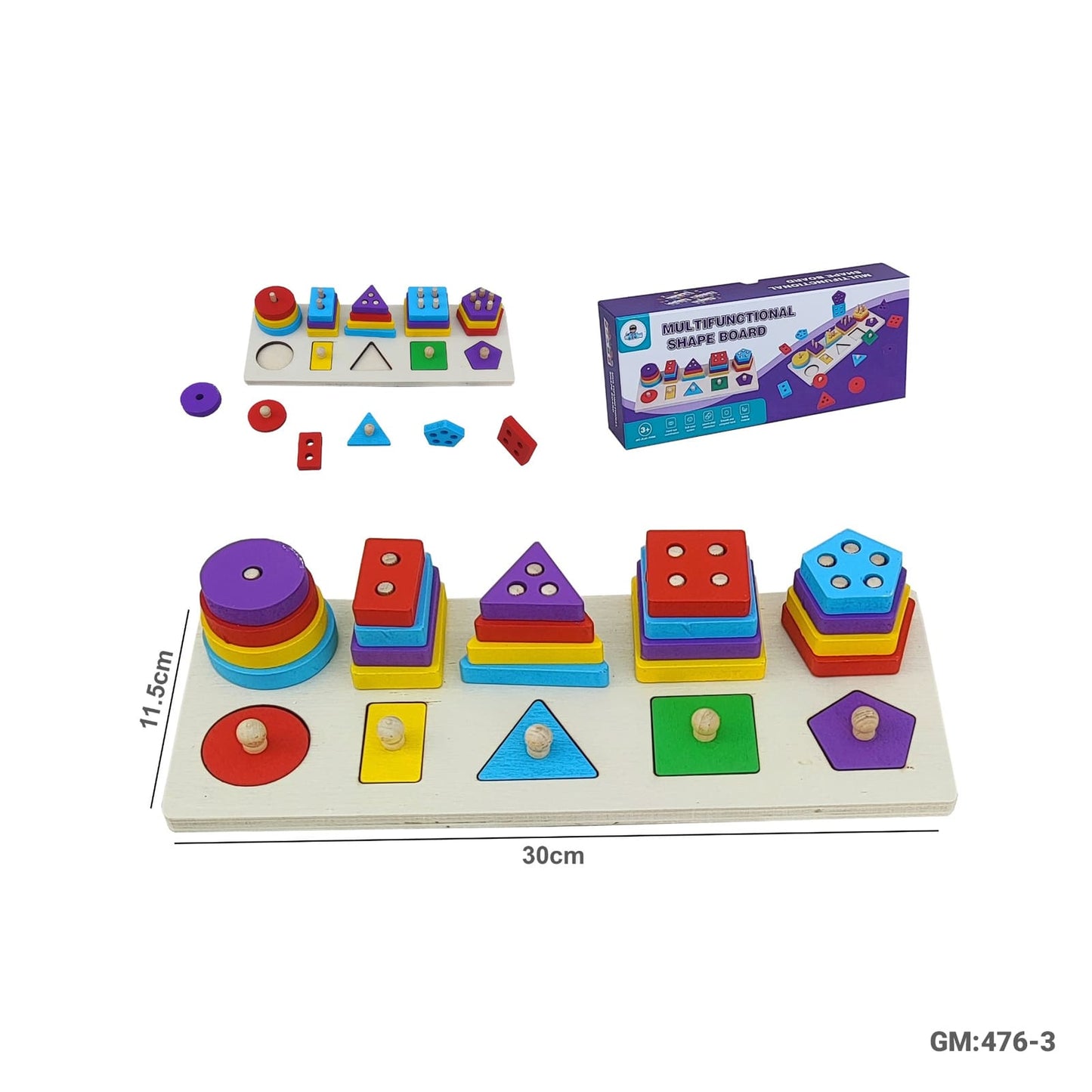 Wooden Geometric Puzzles Stacking Game, Colors and Shape Sorting "476-3"