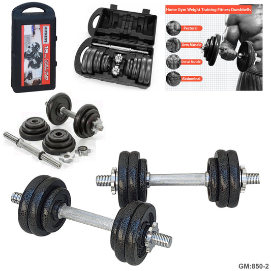 FITNESS CAST IRON WEIGHTLIFTING DUMBBELLS SET WITH CASE 15KG "850-2"