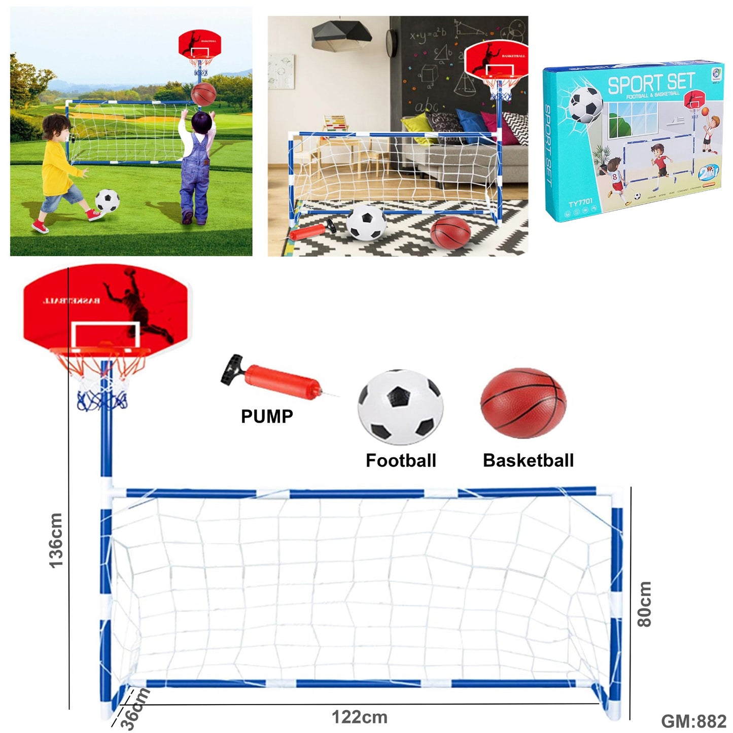 Kids 2-in-1 Football Net & Basketball Stand "882"