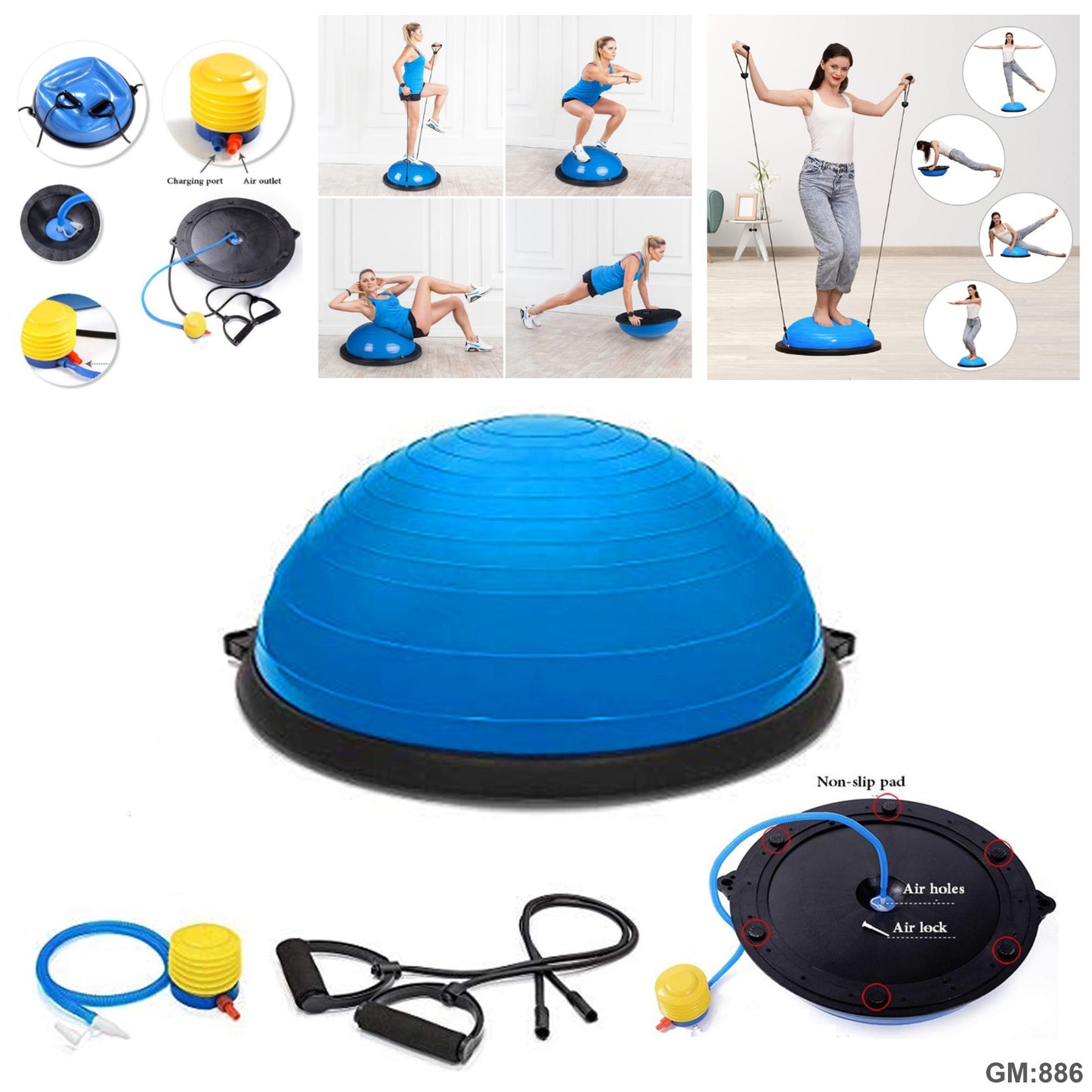 Balance Ball Trainer - Non Slip Half Yoga Exercise Ball with Resistance Bands & Pump "886"