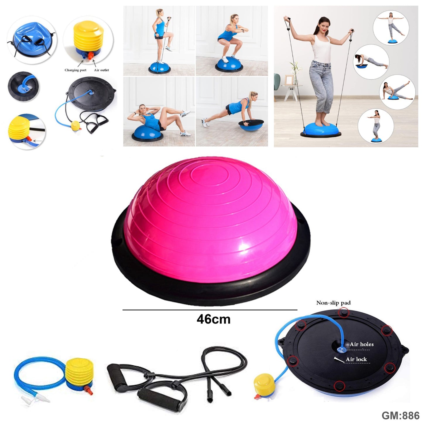Balance Ball Trainer - Non Slip Half Yoga Exercise Ball with Resistance Bands & Pump "886"