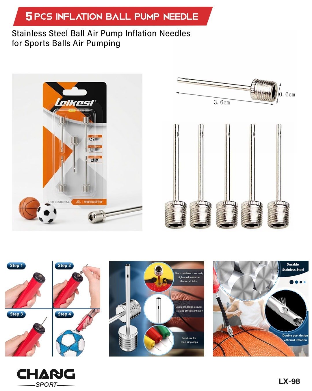 5-Piece Stainless Steel Ball Pump Needle Set "LX-98"