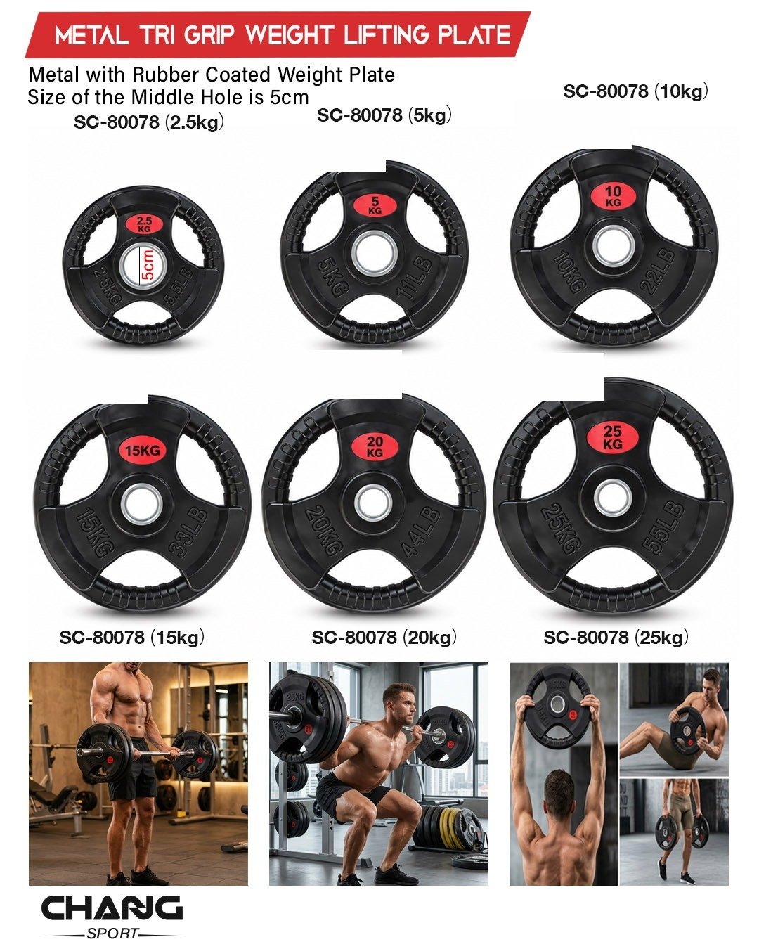 Metal Tri-Grip Weight Lifting Plate – Rubber-Coated Weight Plate "SC-80078"