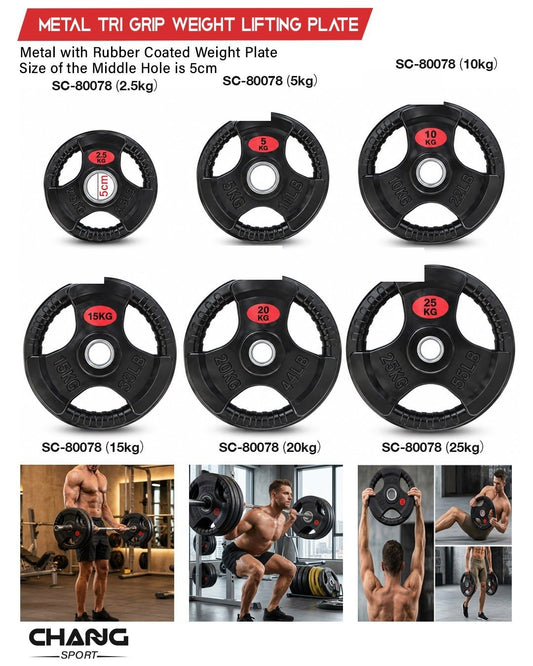 Metal Tri-Grip Weight Lifting Plate – Rubber-Coated Weight Plate "SC-80078"
