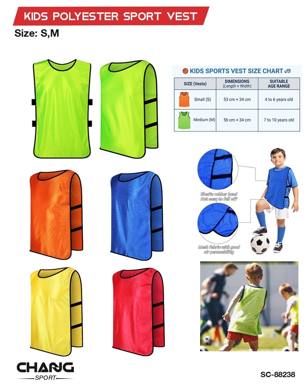 Kids Polyester Sports Training Vest – Breathable Team Bib for Football & Sports, Sizes S/M "SC-88238"