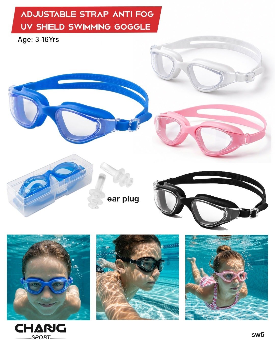 Kids & Teens Anti-Fog UV Shield Swimming Goggles with Earplugs "SW5"