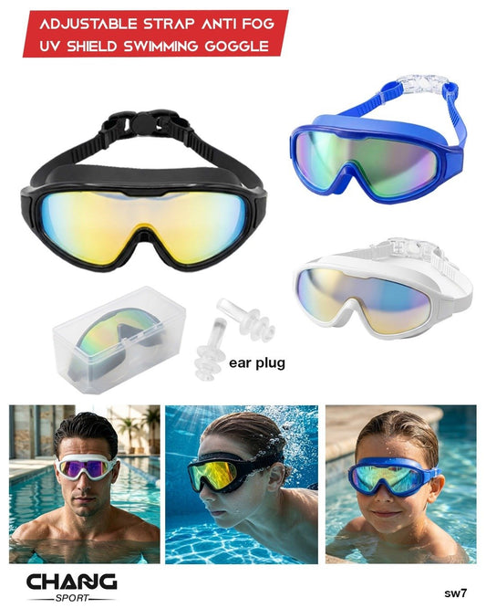 Wide-View Anti-Fog UV Shield Swimming Goggles with Earplugs "SW7"