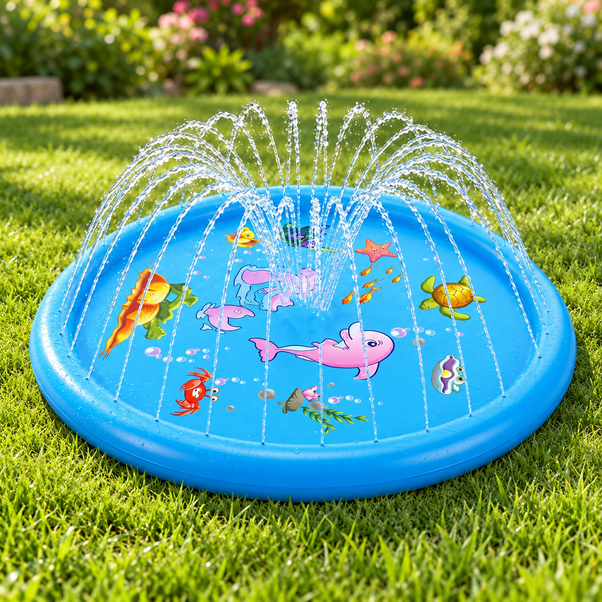 3003 light blue sea-life splash water play mat spraying water on a garden lawn