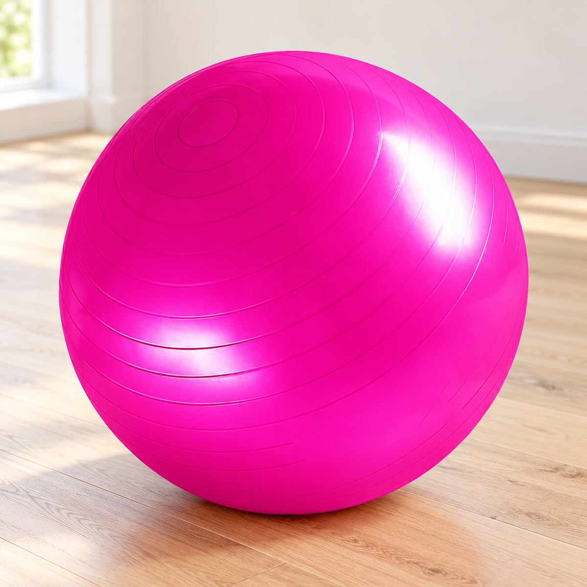 889-3 pink grooved exercise ball on a light oak home workout floor