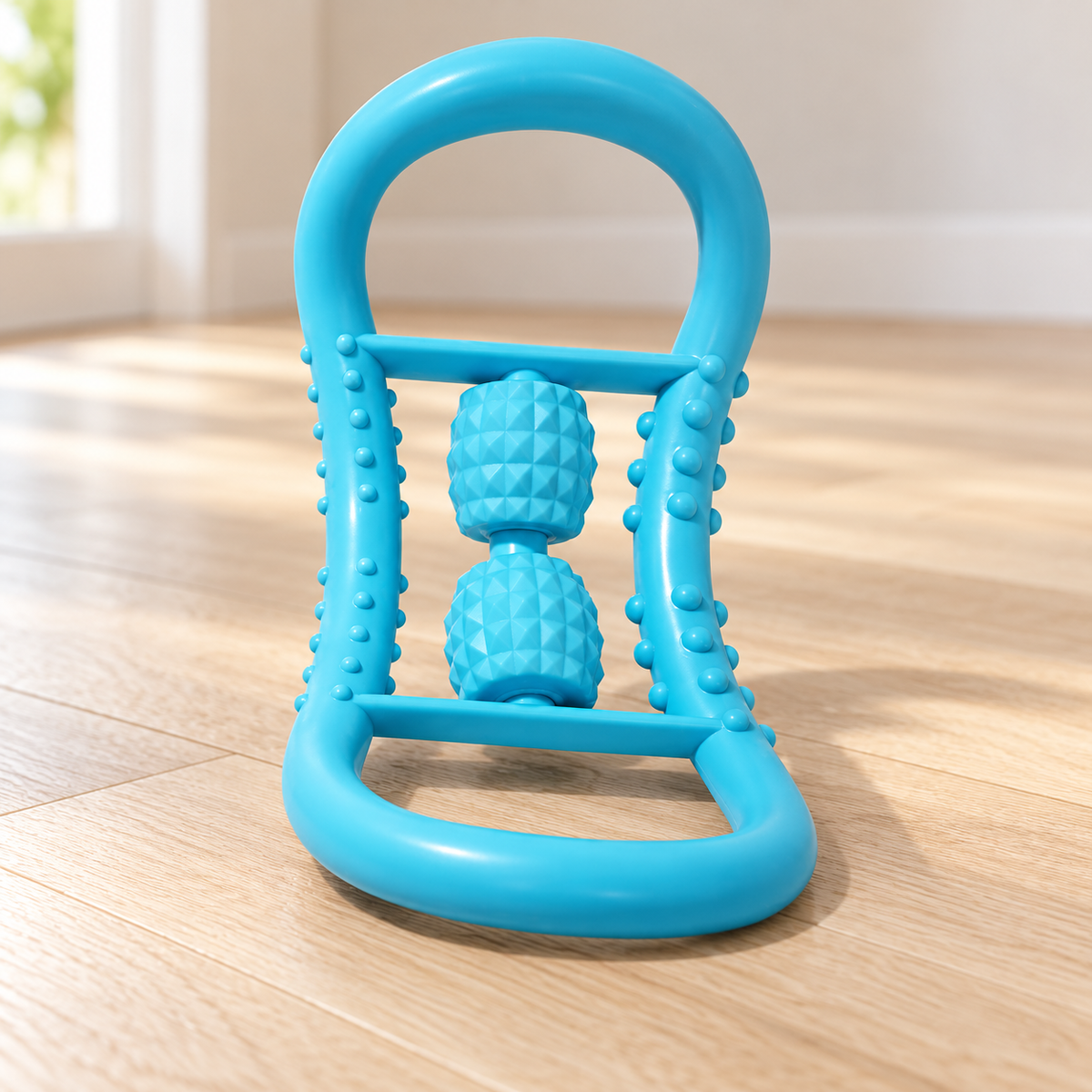 SC-84075 blue massage ring with two central textured rollers on a light oak floor