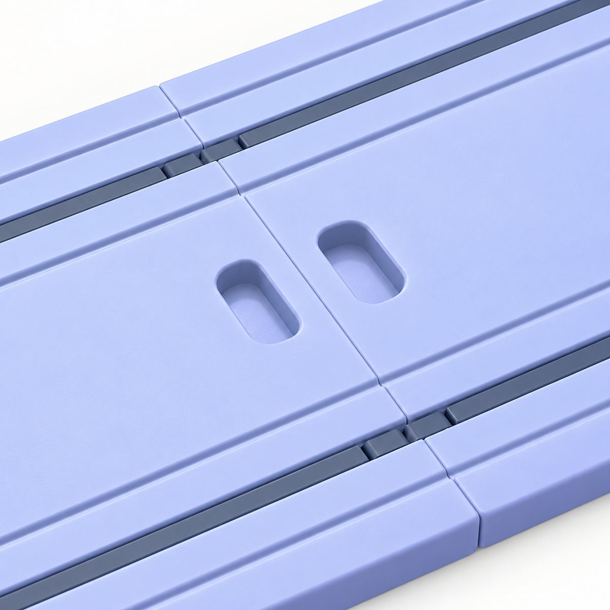 Close-up of the purple SC-83282 fitness board's central folding seam, paired recessed slots and rail grooves