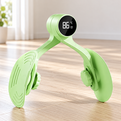 SC-84080 green thigh exerciser with leaf-shaped hinged pads, adjustment knobs and round display, in a home workout setting
