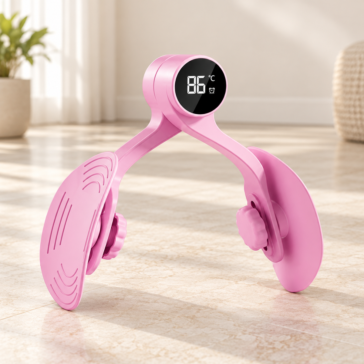 SC-84080 pink thigh exerciser with leaf-shaped hinged pads, adjustment knobs and round display, in a home workout setting